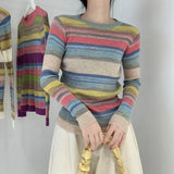 Rainbow Sweater Women Super Soft Stretchy Multicolor Striped Knit Striped Jumper Pullover Female Spring Autumn