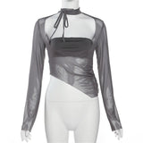 2025 Fashion Trend Women's New Long-Sleeved Square Necker Repair Exposed Umbilly Mesh Perspective