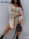 Spring 2022 Party Club Knitted Dress Women Clothing New Year Plus Size Casual Long Sleeve Sexy V Neck Mini