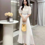 Elegant Half-High Collar Bubble Sleeve Pressure Folding Dress With Thin Temperament Female Chiffon Long