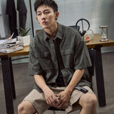 New Retro Tools Pocket Shirt Men's Youth Trend Loose Short-Sleeved Shirt Middle Sleeves-Outfit