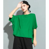 Women Green Red Back Ruffles Split Big Size T-shirt New Round Neck Half Sleeve Fashion Tide Spring Summer 2023