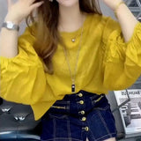 Loose Solid Color Blouse Women's Clothing Fashion Round Neck Commute Button Summer All-match Nine Quarter Sleeve