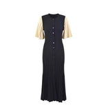 Elegant Knitted Dress Round Collar Single Buckle Horn Sleeve Fishtail Dress Medium Long