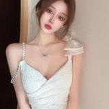 Sexy Dress Woman Lace Patchwork Spaghetti Strap Bow Chain V Neck Backless Slim Stretch Elegant Dresses Ladies Party-Outfit