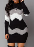 Casual Stripe Print Round Neck Long Sleeve Bodycon