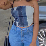 Sexy Chest Tank Top Women Off Shoulder Hollow Out Back Lace Up Denim Vest Patchwork Activity Club Clothes New