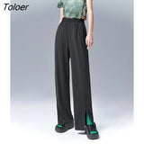 Women Pants 2022 Summer Elastic Waist Trouser Slim Slit Straight Wide Leg Casual Basic