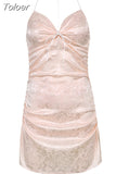 Folds Milkmaid Halter Cami Mini Dress Women Pink Sweet Sexy V Neck A Line Backless Prom Party Dresses Solid