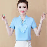 Summer Bow Loose Solid Women Blouses and Tops Solid Bottom Shirts Elegant Fashion Short Sleeve Chiffon Women Shirts
