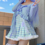 Pink Stripe Plaid Cute Kawaii Y2K Pleated Skirts Womens Fur Trim Lace Up High Waist Mini Skirt Baby Girl Holiday