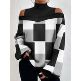 Women's Lantern Sleeves Geometric Print Tshirts Top Casual Loose Pullover High Neck T-shirt Roupas