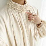 Toloer Stand Loose Plus Size Solid White Lantern Sleeve Hemp Cotton Cardigan Woman Dress 102-0-Outfit