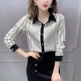 Lady Striped Chain Printed Blouse Casual Single-breasted Spring Autumn Long Sleeve Female Clothing Lapel Spliced