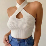 Ladies Sexy Camisole Solid Color Cross Halter Sweater Vest Slim Sleeveless Base T-Shirt Midriff-baring Knitted Tops-Outfit