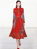 Autumn Runway Designer Bow Neck Pleated Dress Women Long Sleeve Ruffles Lace Patchwork Floral Print Elegant Midi