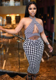Printed Sexy Halter Sleeveless Houndstooth Midi Club
