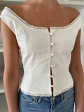 Off Shoulder Low Cut O-neck Tank Tops Elegant Women Buttons Up Lace Patchwork White Solid Sleeveless Vest Streetwear-Outfit