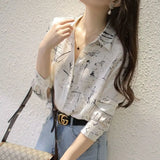 Women Print Graphic Spring Chiffon Ulzzang Temperament Blouses All-match Loose Plus Size 2XL Design Female Clothes