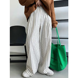 Women's Cotton Striped Casual Pants Thin Straight Tube Loose Wide Leg Pants High Waist Floor
