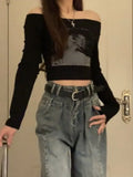 Woman Tshirts Slash Neck Long Sleeve Print Tees 2023 Ropa Mujer Harajuku Sexy Crop Tops Fashion Korean Casual Y2k T Shirt-Outfit