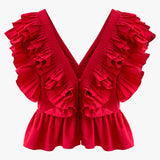 Red Casual Patchwork Ruffle Shirts For Women V Neck Short Sleeve Ruched Slim Blouses Female 2021 Summer Fashion