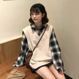 Deeptown Korean Style Plaid Patchwork Hoodie Women Kawaii Long Sleeve Pullover 2021 Casual Polo Uniform School Clothes Kpop