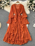 Purple/Brown/Red Chiffon Pleated Long Dress Women Vintage V-Neck Flare Sleeve Draped Ruffle Vestido Female Maxi Robe Spring