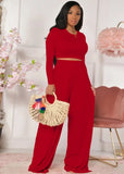 Fashion Slim Long Sleeve Round Neck Crop Top And Matching Wide Pants