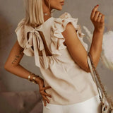 Short Sleeve Backless Lace Up Women Blouse Solid Oversize Large Size 3XL O-neck Lady Blouses Summer Loose Casual