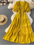 Women Elegant French Dress Sweet Puff Sleeve V Neck Single Breasted A-line Dresses Summer Casual Streetwear Midi Dress