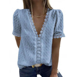 Patchwork V-neck Solid Women Chiffon Blouse Short Puff Sleeve Loose Ladies Blouses Summer Casual Female Tops 2021