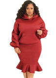 Plus Size Puffed Long Sleeve Hoodies And Fishtail Skirt 2 Piece