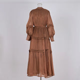 Temperament Dress 2025 New V-Neck Lantern Sleeves Folded Long Silk Dress