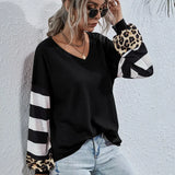Neck Sweatshirt Women Striped Leopard Stitching Hoodies 2022 Autumn Long Sleeve Top Female Loose Sweatshirts Casual