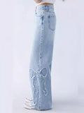 New Embroidered Side Brim Butterfly Jeans Women's High Street Design Spicy Girls' Loose Straight Pants-Outfit