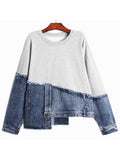 Loose Fit Denim Irregular Sweatshirt New Round Neck Long Sleeve Women Big Size Fashion Tide Spring Autumn 2023 1DE6103 703-1-Outfit