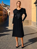 Temperament Dress Women 2025 Spring New Round Neck Mesh Stitching Design Black Long Sleeve Dress