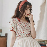 Women Floral Ruffles Retro Chic French Short Sleeve Cute Tunic Top Ulzzang Holiday Fashion Womens Girls Summer Daily