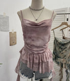 Shoot Spice Girl Swing Network Yarn Print Sling Vest Retivating Lotus Leaf Side Ribbon Short Top