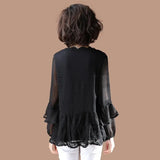 Casual Loose O-Neck Fashion Sequined Chiffon Blouse Spring Autumn Korean Ruffles Lace Spliced All-match Long Sleeve