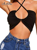 Sexy Off Shoulder Halter Top Ruffles Skinny Crop Tops Cute Sleeveless Harajuku Vest Neck Tank Tops 2021 New