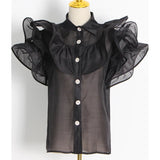 Casual Patchwork Ruffles Fashion Woman Blouses 2022 Lapel Short Sleeve Diamonds Button Through Shirts Female