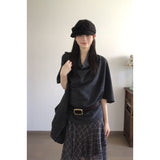 Collar Five-Sleeved T-Shirt Top Women Irregular Check-In Half Dress Korean
