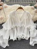 Spring Autumn Women Irregular Ruffle Draped Tops Female Elegant V-Neck Flare Long Sleeve Short Tops Vintage Blouse New Blusas 618-1-Outfit