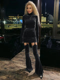 Women's Solid Sexy Velvet Patchwork Long Sleeve Turtleneck Mini Dresses +Hollow Matching Pants Stockings Midnight Party-Outfit