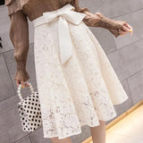 Lady Big Bow High Waist Knee Skirts Women's Summer Clothes New Oversize Fashion A-Line Solid Hollow Out Lace