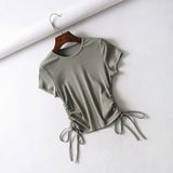 Side Drawstring Tie Up Ruched Tank Tops Women Solid Color Slim Crop Top Ladies Streetwear Ribbed Knitted Tees 2023-Outfit