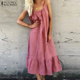 Bohemian Solid Ruffle Dress Women's Summer Sundress ZANZEA Casual Spaghetti Strap Midi Vestidos Female Holiday