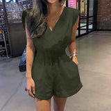 Short Playsuit V-neck Sleeveless Solid Backless Ladies Overalls Paysuits Large Size 3XL Loose Tunic Summer Casual